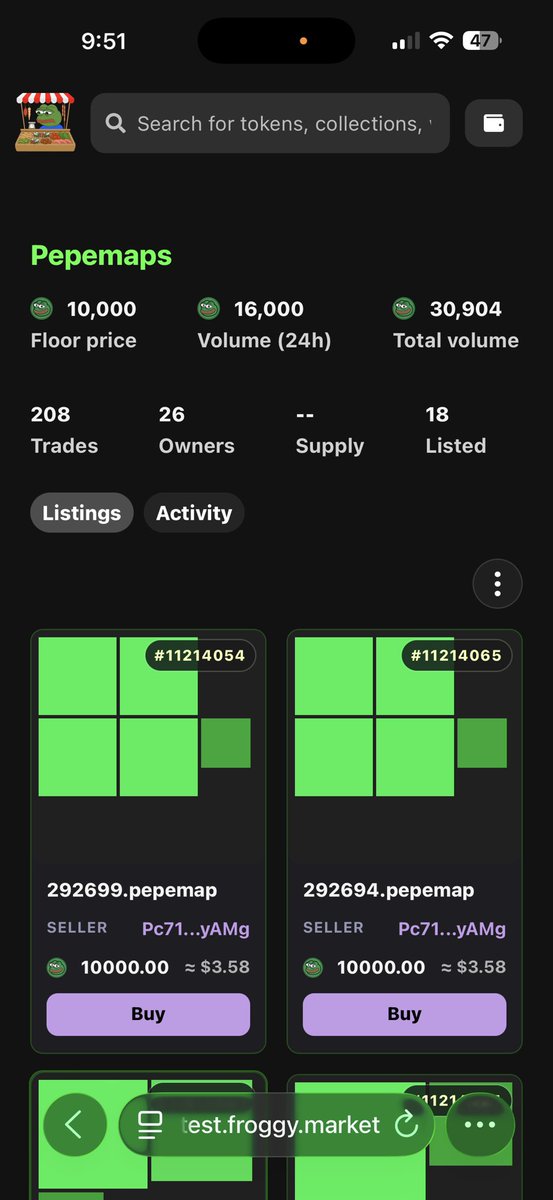 🚨 Pepe Maps Market Cap Update 🗺️🐸 785,330 out of 785,594 minted Floor: 10,000 $PEP (~$3.60) Market Cap: $2.83M USD FDV: ~$2.83M Holders: 386
$PEP @ $0.0003599 | $36.1M cap 
Kraken-listed L1 with 2.5K nodes 🔥

Help us test today!
test.froggy.market/pepemaps

#PepecoinNetwork