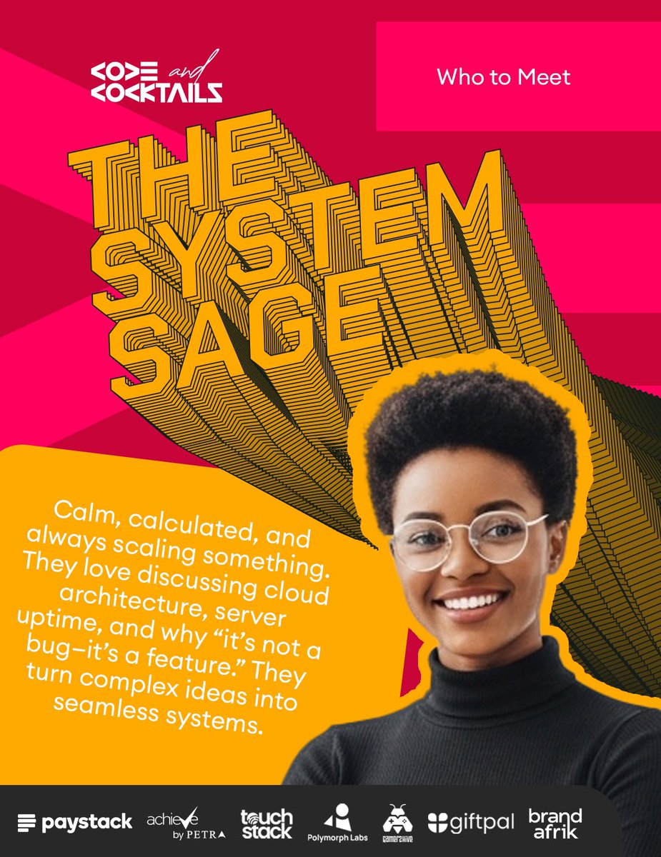 codeNcocktails's tweet image. The Code Whisperer or the System Sage?

If these personas fit yours, come meet your pride!

These are profiles of people you’ll most definitely meet at #TechParty25

📆28th Nov. 2025 || 6:00pm || Bako Events Center

🎫Get a ticket using promo code: SED
codeandcocktails.live