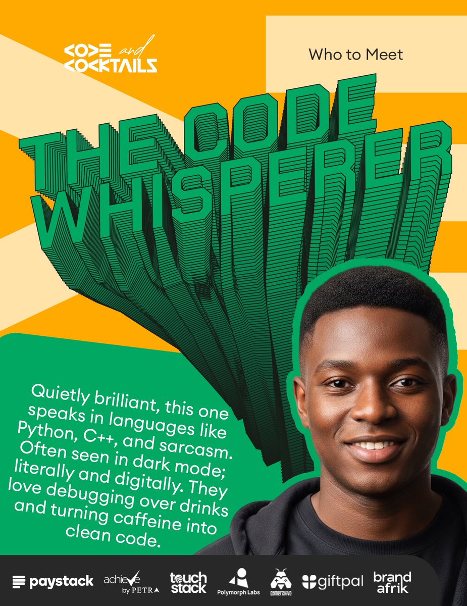 codeNcocktails's tweet image. The Code Whisperer or the System Sage?

If these personas fit yours, come meet your pride!

These are profiles of people you’ll most definitely meet at #TechParty25

📆28th Nov. 2025 || 6:00pm || Bako Events Center

🎫Get a ticket using promo code: SED
codeandcocktails.live