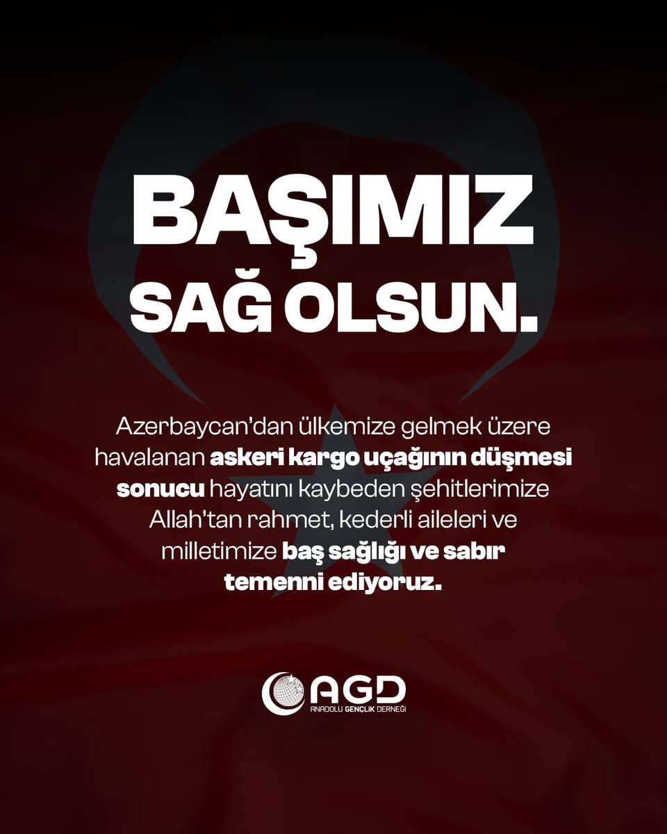 ispartagd's tweet photo. Azerbaycan'dan ülkemize gelmek üzere havalanan askeri kargo uçağının düşmesi sonucu hayatını kaybeden şehitlerimize Allah'tan rahmet, kederli aileleri ve milletimize baş sağlığı ve sabır temenni ediyoruz. 🇹🇷 https://t.co/zR80DZuMgW