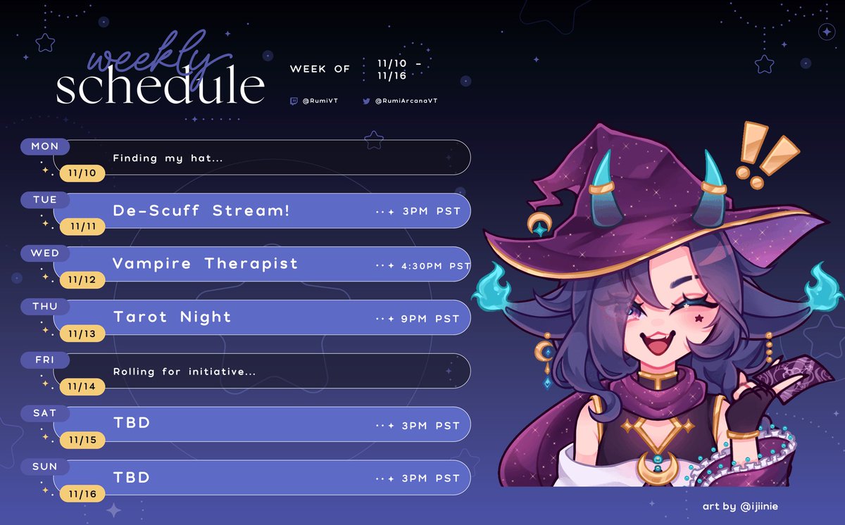 RumiArcanaVT's tweet image. ✨Nov 10th-16th Stream Schedule✨

Will I follow this? Who knows~

Also btw, de-scuff stream is a meme version of a debut because one of my discord members asked when my debut was lmao I will be showing off my new Prism model tho 🥺💜

#vtuber #ENVtuber