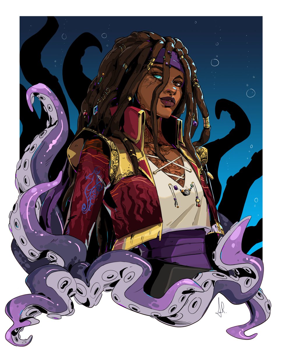 Commission of badass pirate, Kingston, and the eldritch sea demon she served.  🏴‍☠️🌊🐙
Kingston belongs to <a href="/DungeonsAndDans/">Danny | Vordanin's Book of Spellcraft out now!</a> 

#dndart #dndoc #dnd #commission