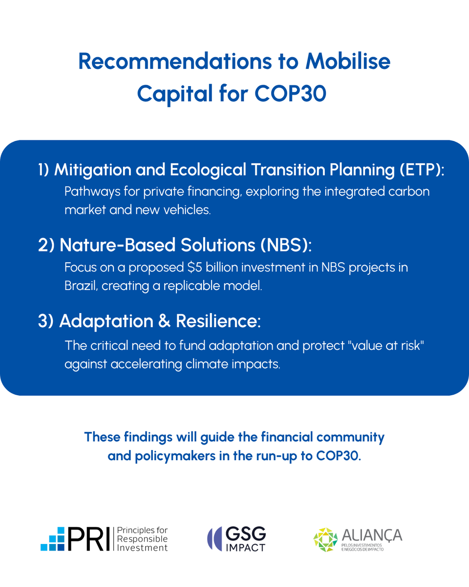 GSGImpact's tweet photo. 🌍Mobilising capital for #COP30: collaboration in action. In recent months, @GSGImpact, #PRI &amp; @AliancaImpacto led a global effort to align finance with 🇧🇷 Brazil’s #COP30 priorities, engaging key ministries to ensure findings from the roundtables inform COP30 preparations. (1/4) https://t.co/WB56z8H2ed