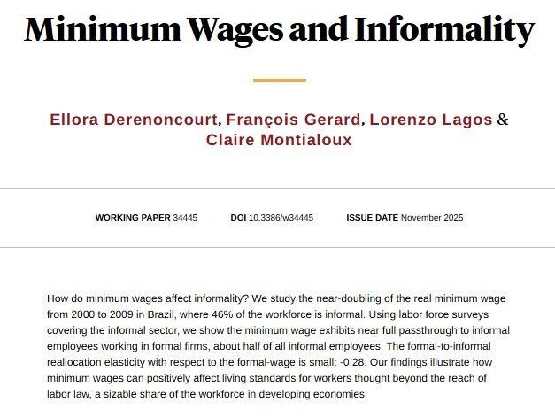 nberpubs's tweet photo. Minimum wages in Brazil substantially raised wages for informal workers, and effects of the policy on reallocation out of formal employment were limited, from @EDerenoncourt, @fgerard_BE, @lagoslorenzo, and @cmontialoux https://t.co/6cBNZC5mdJ https://t.co/xZwGSpy2N7