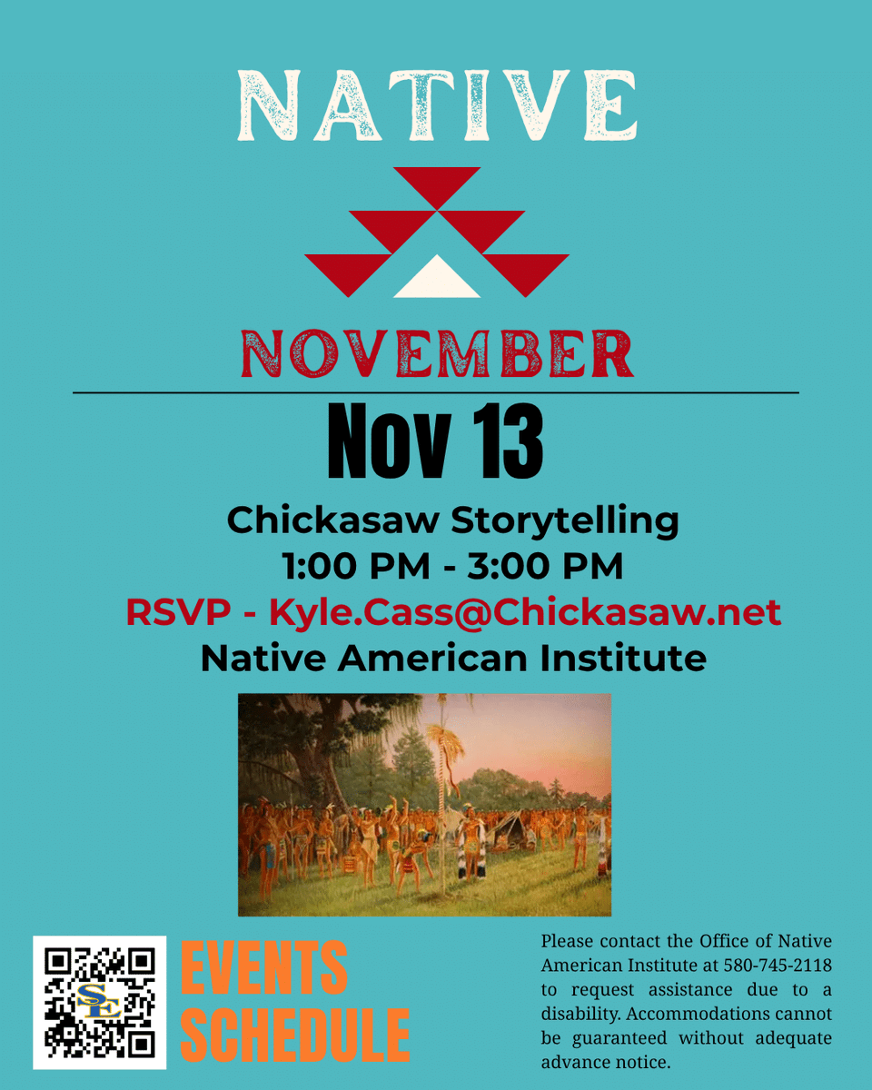 SE1909's tweet photo. Join us on Nov. 13 from 1:00 PM – 3:00 PM at the Native American Institute for an afternoon of Chickasaw Storytelling. Don't forget to RSVP!
#NativeNovember | #SEnatives https://t.co/AdXYZY3uNY