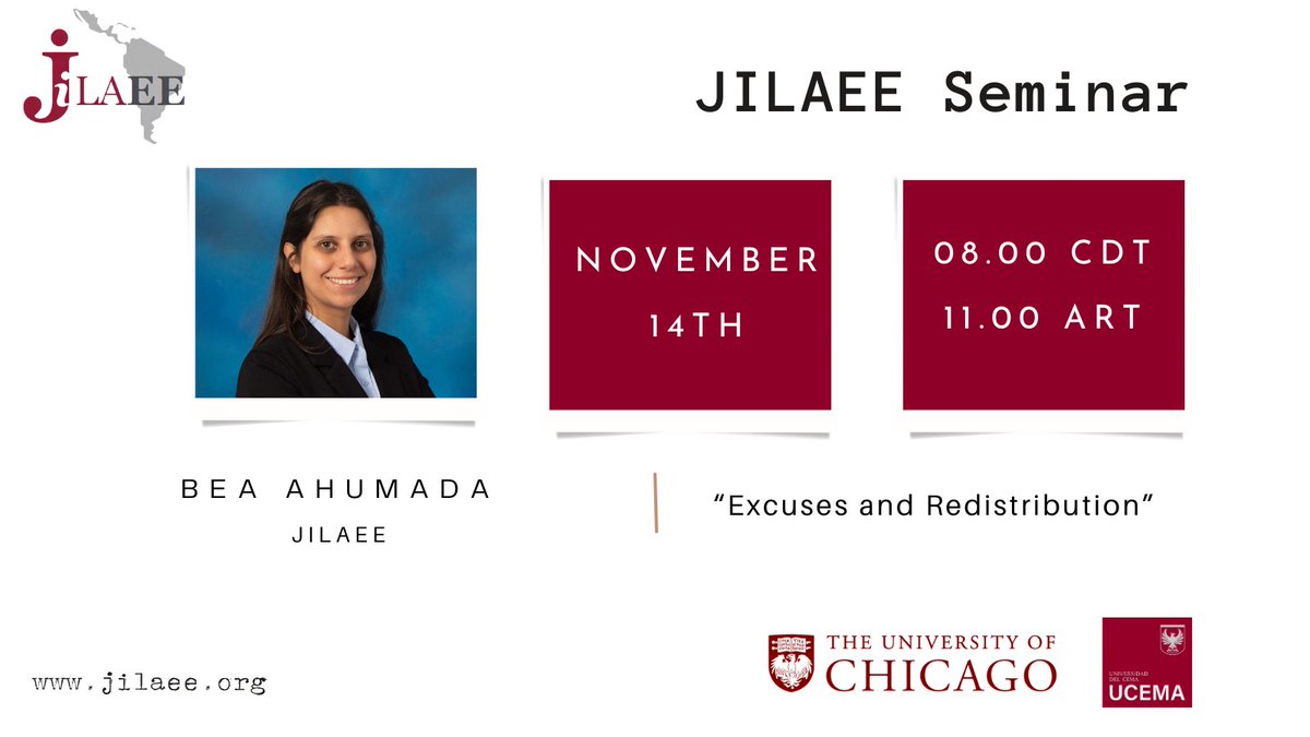 🔴Friday, November 14th, 11am Buenos Aires/ 8am Chicago, <a href="/beaahumada_/">Bea Ahumada</a> JILAEE's Postdoctoral Scholar presents her paper at #JilaeeSeminarSeries   Register: forms.gle/dEGHLKJ3E6Kete…

#econTwitter #AcademicTwitter #BehavioralEconomics #AcademicTwitter
