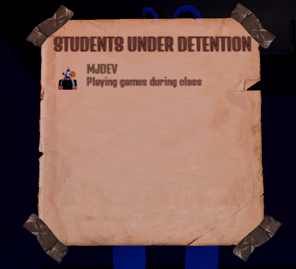 real_mjdev's tweet photo. We just added random “reasons for detention” in our game. 

What other crimes do you think students should be punished for?

#ROBLOX #RobloxDev https://t.co/Rt3fupGlVZ