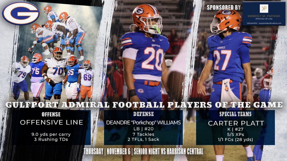 🚨PLAYERS OF THE GAME🚨

🆚 Harrison Central

Sponsored by:
The Law Office of Kimberly Papania

#Hooyah | #OneGPT | #ATL ⚓️⛓️🟧🟦