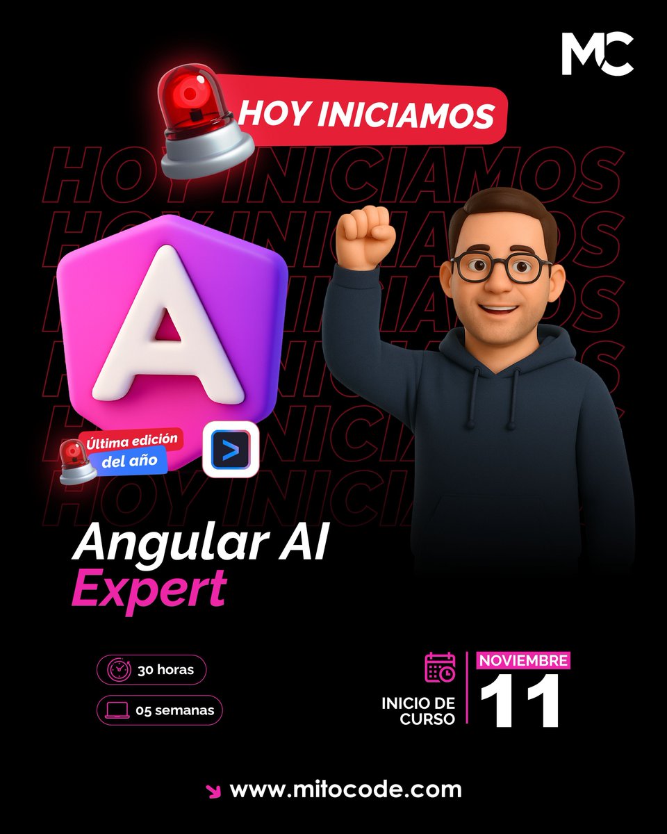 mitocode's tweet image. 🚨 HOY INICIAMOS 🚨

¡Hey Coder! 🙋🏻♀️🙋🏻♂️. Con Angular AI Expert, domina el lado avanzado del framework e integra Angular a herramientas IA🤖💡

🚨 Angular AI Expert
📆 Inicio: 11 de Noviembre
📲 buff.ly/hOj57P8
.
#mitocode #programador #programacion #tecnologia #angular