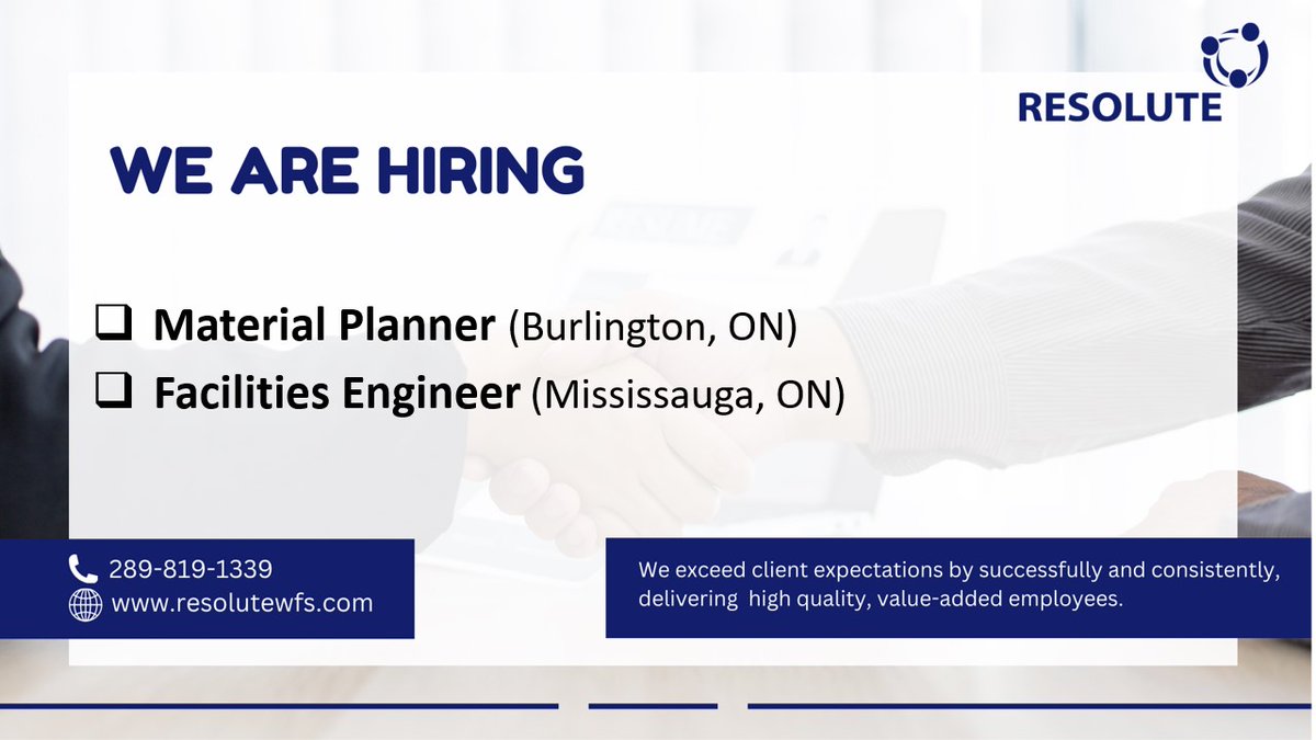 ResoluteWfs's tweet image. Material Planner, Burlington, ON. 
resolutewfs.zohorecruit.com/jobs/Careers/3…
Facilities Engineer,  Mississauga, ON.
resolutewfs.zohorecruit.com/jobs/Careers/3…

#hiringalert  #planner #APICS #facilitiesengineer #CAPA
