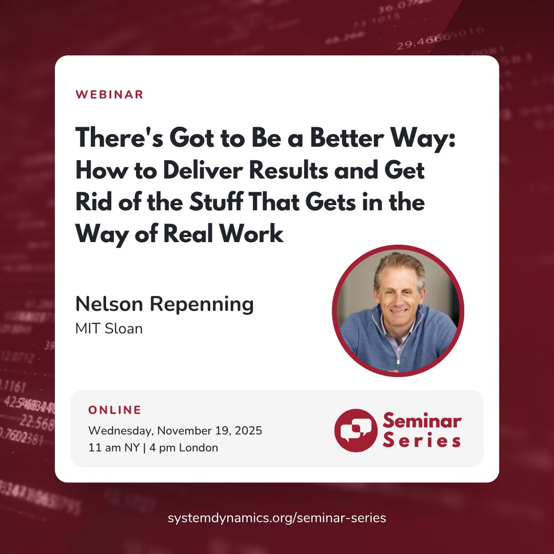 systemdynamics_'s tweet image. 🚀 FREE EVENT! ▶️ “There’s Got to Be a Better Way: How to Deliver Results and Get Rid of the Stuff That Gets in the Way of Real Work” with Nelson Repenning of MIT Sloan

📅 November 19 @ 11:00am - 12:00pm NY Time
🔗 RSVP: ow.ly/JgLJ50XnKV1

#SystemDynamics #systemsthinking