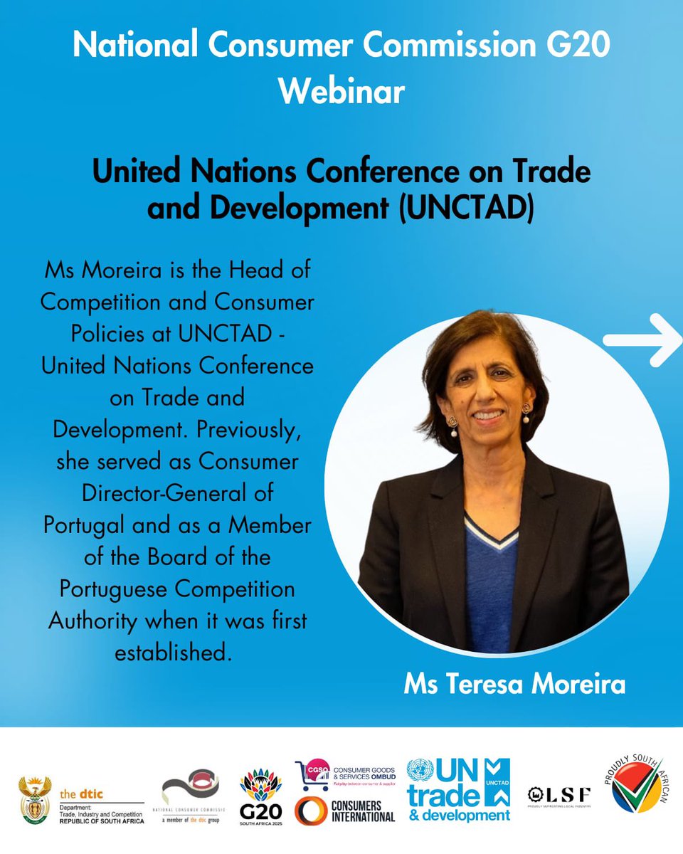 TheNCC_RSA's tweet image. Meet our speakers who will be sharing insights on consumer protection, product safety, and digital markets.

@MPGodlimpi @hardinratshi @WMwemba @PhethoN @the_dtic @UNCTAD @CCC_COMESA @ProudlySA @cgsombud 

Here is the link to register 
lnkd.in/gAZkNBEV