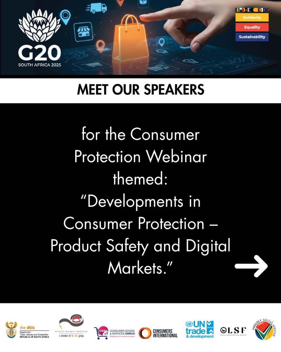 TheNCC_RSA's tweet image. Meet our speakers who will be sharing insights on consumer protection, product safety, and digital markets.

@MPGodlimpi @hardinratshi @WMwemba @PhethoN @the_dtic @UNCTAD @CCC_COMESA @ProudlySA @cgsombud 

Here is the link to register 
lnkd.in/gAZkNBEV