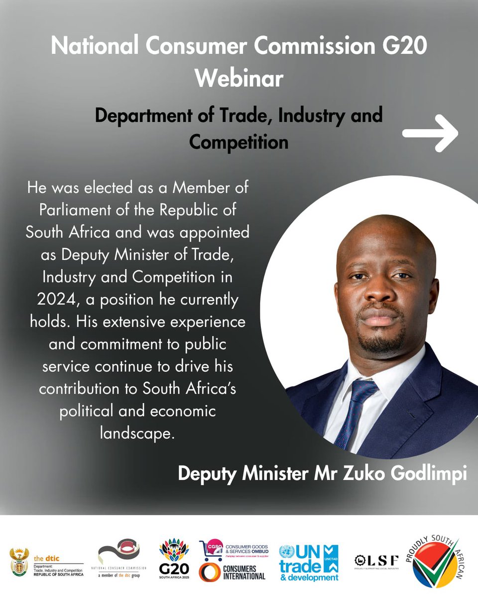 TheNCC_RSA's tweet image. Meet our speakers who will be sharing insights on consumer protection, product safety, and digital markets.

@MPGodlimpi @hardinratshi @WMwemba @PhethoN @the_dtic @UNCTAD @CCC_COMESA @ProudlySA @cgsombud 

Here is the link to register 
lnkd.in/gAZkNBEV
