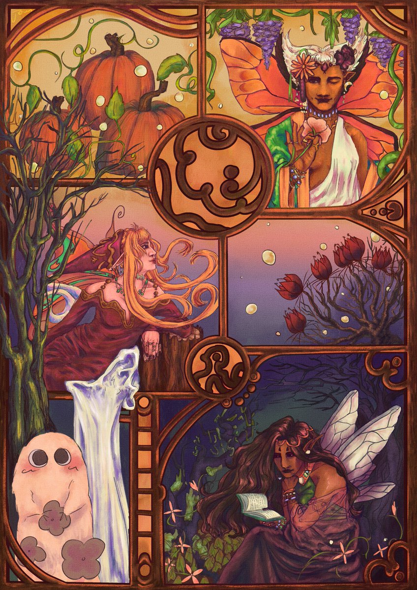 My work for the Spooky spells zine!! Please go check out the zine &lt;3 all the work is so adorable!

Adina, lulucy and alaira as fairies❣️
#Δ帽子 #witchhatatelier