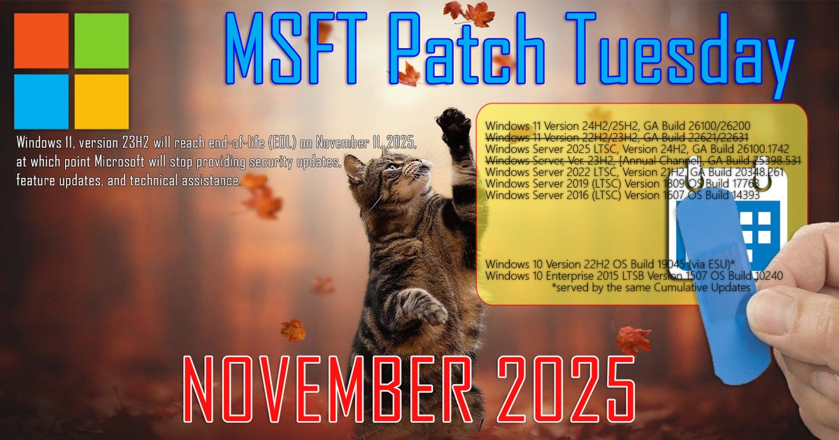 WZorNET's tweet image. 🚨November 11, 2025 🛠️#PatchTuesday &quot;B&quot;🏁
⚙️Get 🧰#CumulativeUpdate&apos;s for Windows 11 Version #23H2, #24H2/#25H2 + Windows 10 Verson 1507, 22H2 (ESU) also Windows Server 2016/2019/2022/2025 #LTSC/Windows Server Version #23H2 on 🗃️#MicrosoftUpdateCatalog👨‍💻👉catalog.update.microsoft.com/Search.aspx?q=…