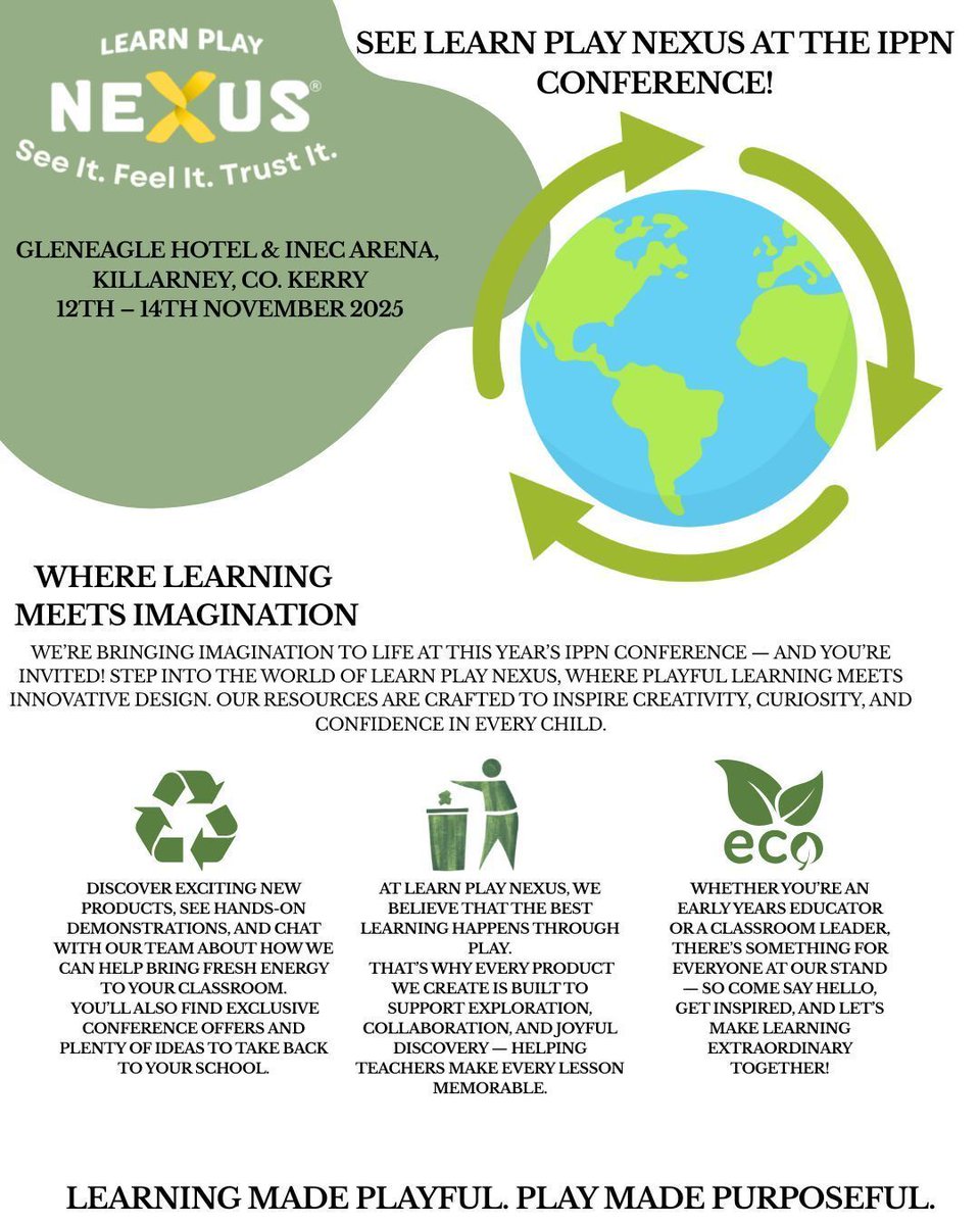 ❗ Visit Learn Play Nexus – STAND 16 at IPPN ❗ Join Learn Play Nexus at the IPPN Conference 2025 in Killarney! 🌍💡
Discover how imagination and innovation come together through our playful, high-quality classroom resources — designed to inspire every learner.
Enjoy hands-on