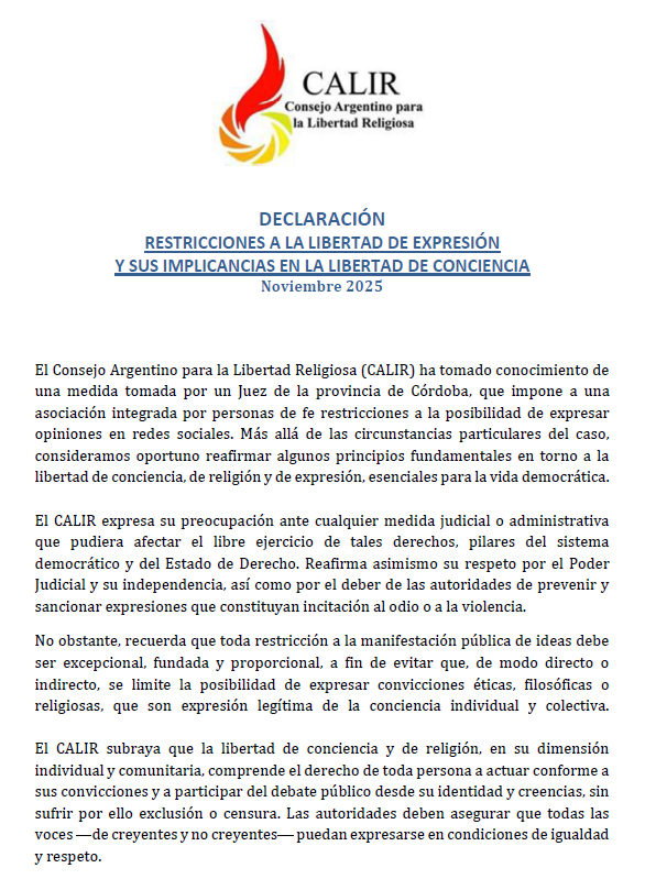 InfoCalir's tweet photo. 5 Noviembre de 2025. Declaración del CALIR sobre medida judicial restrictiva de la libertad de expresión y sus implicancias en la libertad de conciencia y de religión #libertadreligiosa https://t.co/huK0q7kSBV