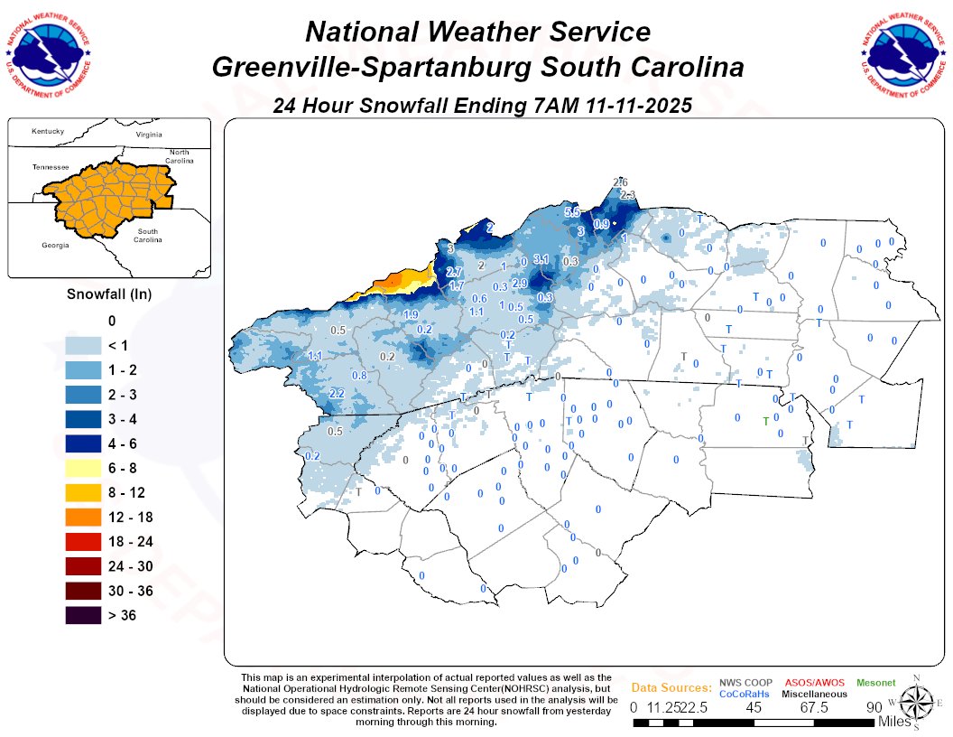 Our first snow event of the season is in the books!  Most of the mountains of NC and northeast GA had at least a dusting, with most of the accumulation of an inch or more confined to elevations above 3000 feet.  It's only mid-November, so it won't last long... #ncwx #scwx #gawx