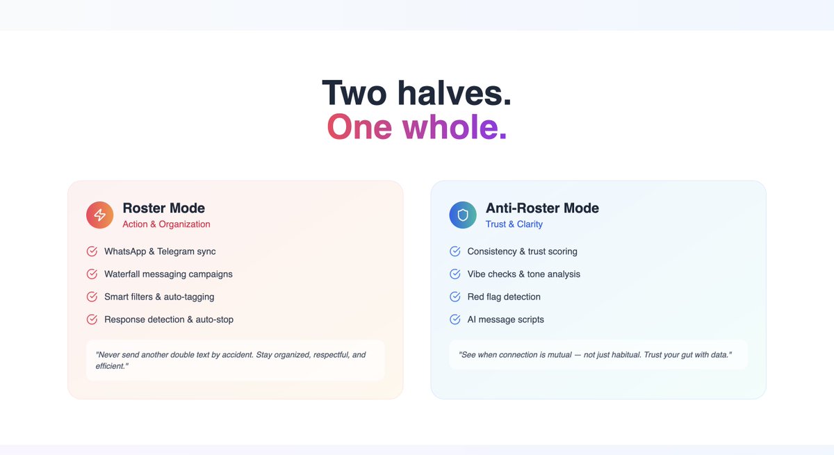papajimjams's tweet image. 💘 Amoro — dual-mode dating intelligence app👀

😈 side helps you manage your roster
😇 side helps you spot red flags before you catch feelings

Built in @anything for @contra #ContraHackathon

landing: amoro.created.app
build/mobile: createanything.com/mobile-preview…

@_openeconomy