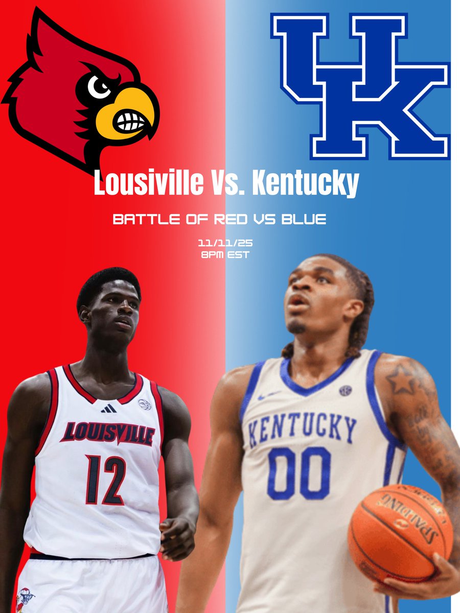 🏀 It’s that time again — Louisville vs. Kentucky! The Battle for the Bluegrass tips off tonight. Who’s taking home bragging rights? 🔥 #BattleForTheBluegrass #LouisvilleVsKentucky #CollegeHoops