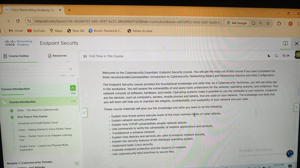 itzgoka's tweet image. Started the Endpoint security course on Cisco 
Super excited to dive into how networks, systems, and devices can actually be protected from real cyber threats.
#CyberSecurity #Cisco @OnijeC @ireteeh
