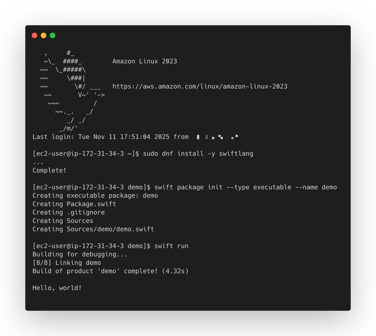 sebsto's tweet image. The #swiftlang toolchain is now available on Amazon Linux 2023.

Two years after my first commit allowing Swift to compile on Amazon Linux 2023, it took a while team effort to make this happen.

Get started and deploy your Swift apps in the cloud today!