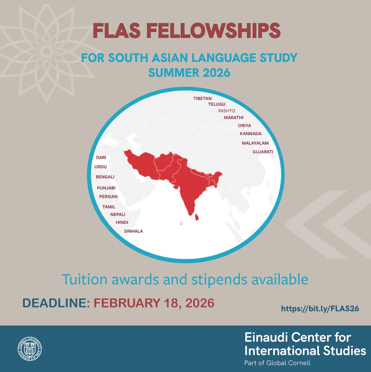 Cornell students wanting to do intensive language study of a South Asia language in summer 2026 can apply for a Foreign Language and Area Studies (FLAS) fellowship at einaudi.cornell.edu/funding/foreig…