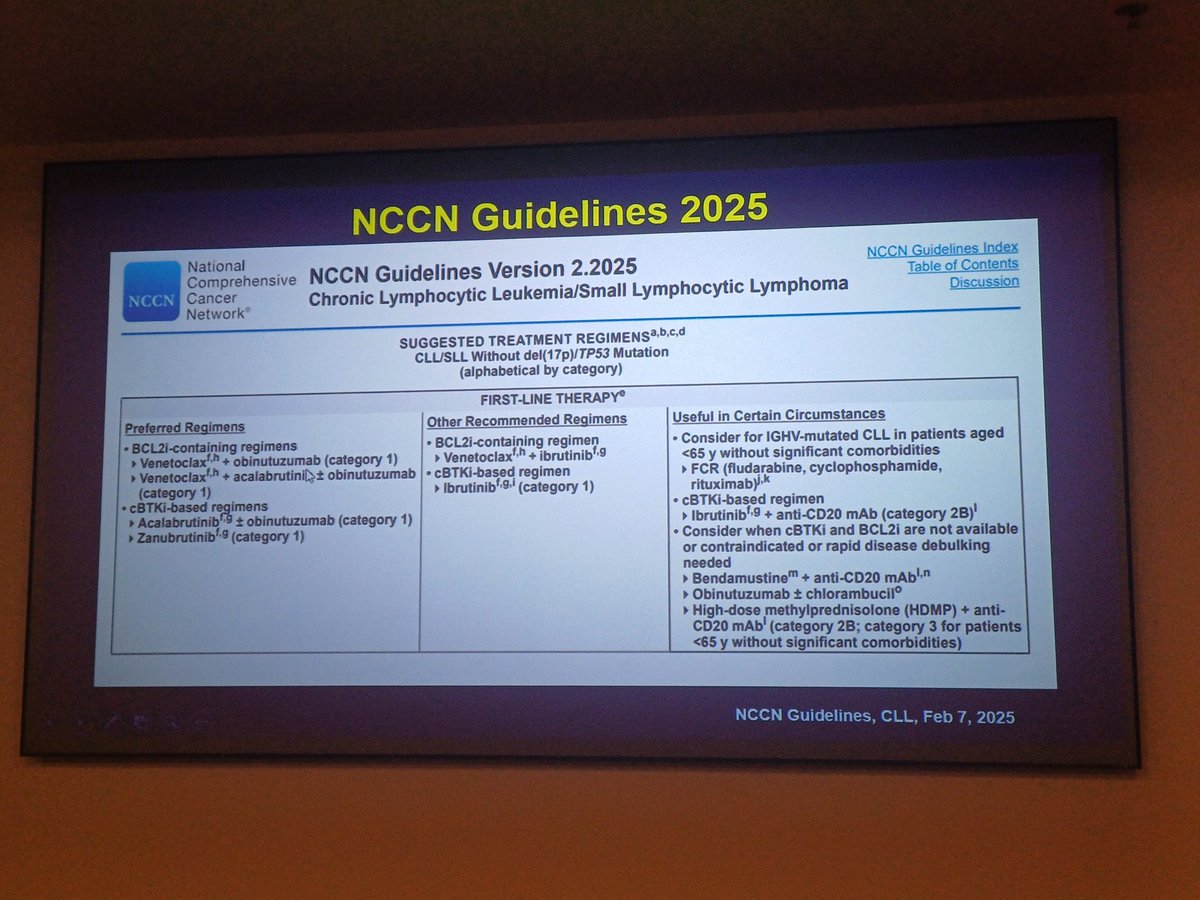 AhmedKo45911157's tweet image. 🧬 NCCN 2025 – Frontline CLL
⭐ Preferred regimens:
🔹 BCL2i-based: Venetoclax + Obinutuzumab
🔹 cBTKi-based: Acalabrutinib ± Obinutuzumab, Zanubrutinib

💊 Other options: Venetoclax + Ibrutinib, Ibrutinib ± anti-CD20
🧠 FCR still for young, IGHV-mutated CLL (&amp;lt;65 yrs)
#CLL #NCCN