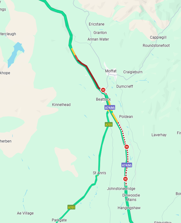 trafficscotland's tweet photo. ❗️UPDATE ⌚️18:10
🗺️#M74 J15-16 Beattock
⛔️The #M74 remains ⛔️CLOSED SOUTHBOUND ⛔️
🚗S/B diversion in place following #A701>#B7076>#A74(M) J16.
🛣️NORTHBOUND carriageway remains OPEN
Traffic queuing approx. 45 mins before diversion.
Diversion time approx. 30 mins.
#ExpectDelay https://t.co/wjqYNfYD3a