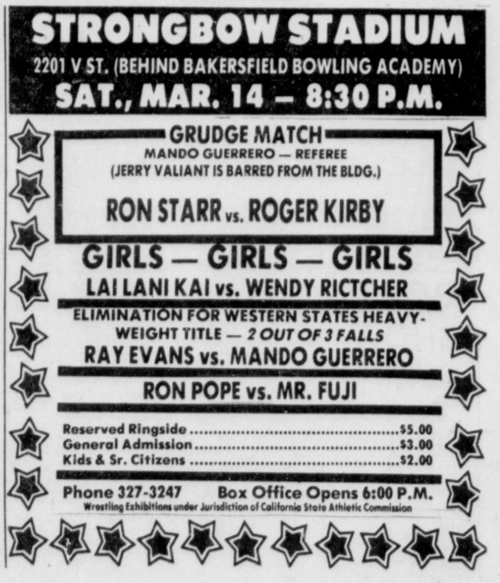 My next book on the So Ca wrestling territory will go a little more in depth into Antone Leone's brief promotion. This 3/14/81 Bakersfield, CA card includes Wendi Richter vs. Leilani Kai several years before their WWF Women's Title Match.