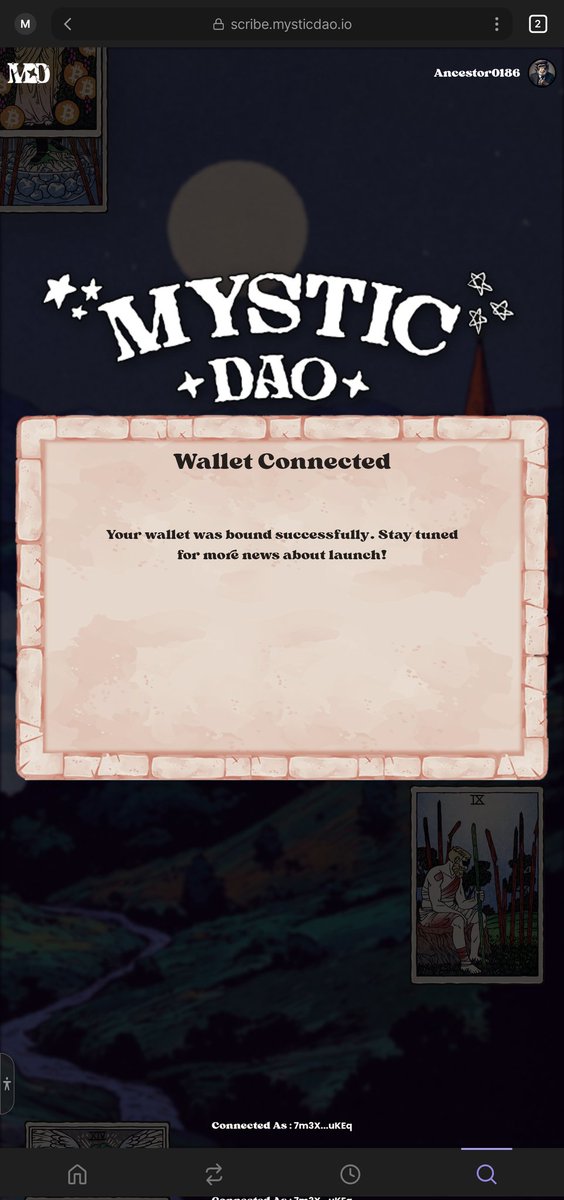 Ancestor0186's tweet image. Successfully connected my wallet to @MysticDaoSol 

Now fully positioned for the $MYSTIC airdrop 🔮😎

GMana🪄