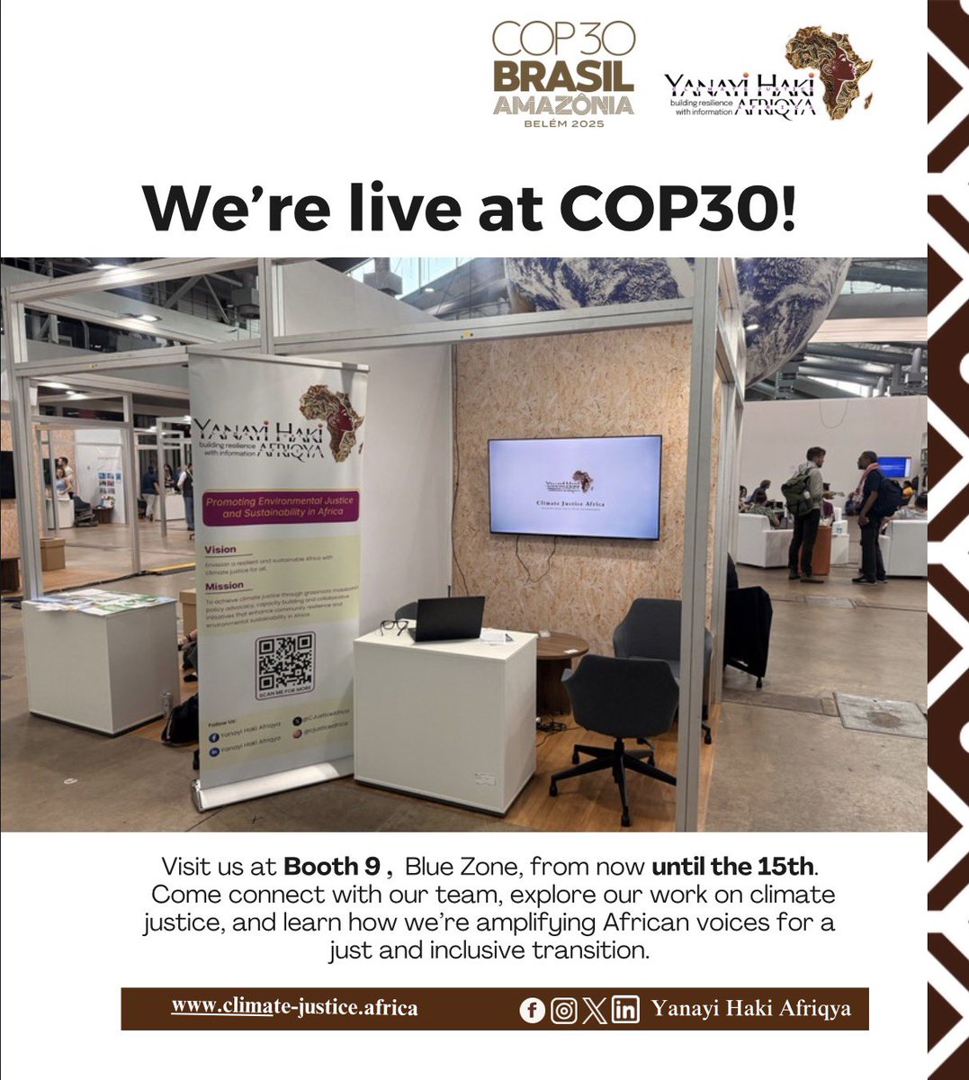 We’re live at COP30!

Visit Yanayi Haki Afriqya at Booth 9 – Blue Zone, from now until the 15th.
Come connect with our team, explore our work on climate justice, and learn how we’re amplifying African voices for a just and inclusive transition.

#COP30 #YHA #ClimateJusticeAfrica