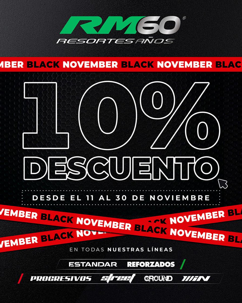 🖤 BLACK NOVEMBER RM 🖤

¡Llegó el momento de equipar tu auto con lo mejor y al mejor precio! 🚗
Del 11 al 30 de noviembre, 10% de descuento en todas nuestras líneas de resortes.
#RM #RMresortes #BlackNovemberRM #Descuentos #OfertasRM #SuspensionDeportiva #RM60Años