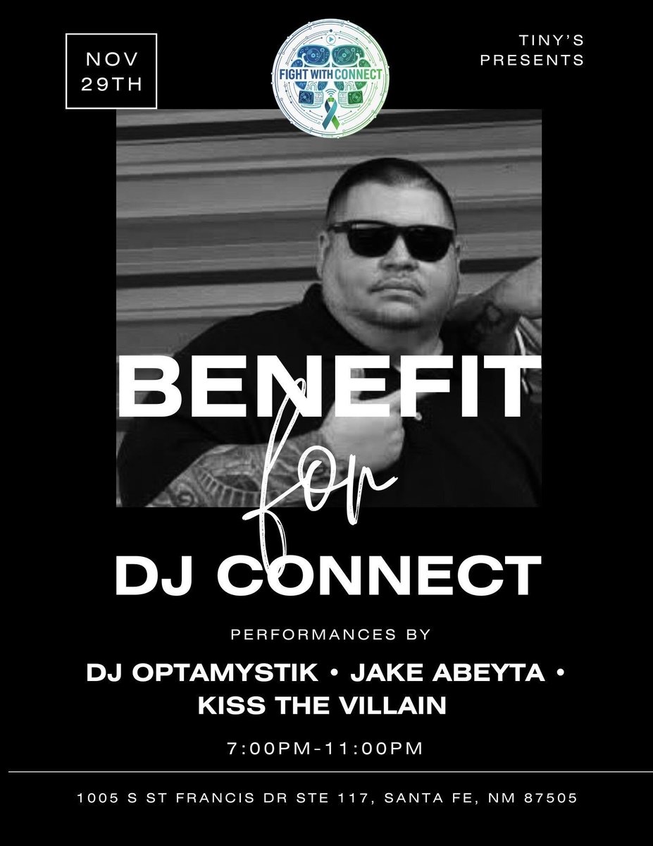 💙 Sat, Nov 29 | 7–11 PM @ Tiny’s Santa Fe
Benefit Show for DJ Connect 🎶
Kiss the Villain (reunion), Jake Abeyta &amp; DJ Optamystik.
$10 at the door — 100% to Eric Roybal’s fight vs cancer.
Let’s make it the loudest night of love.
#FightWithConnect #SantaFeStandUp