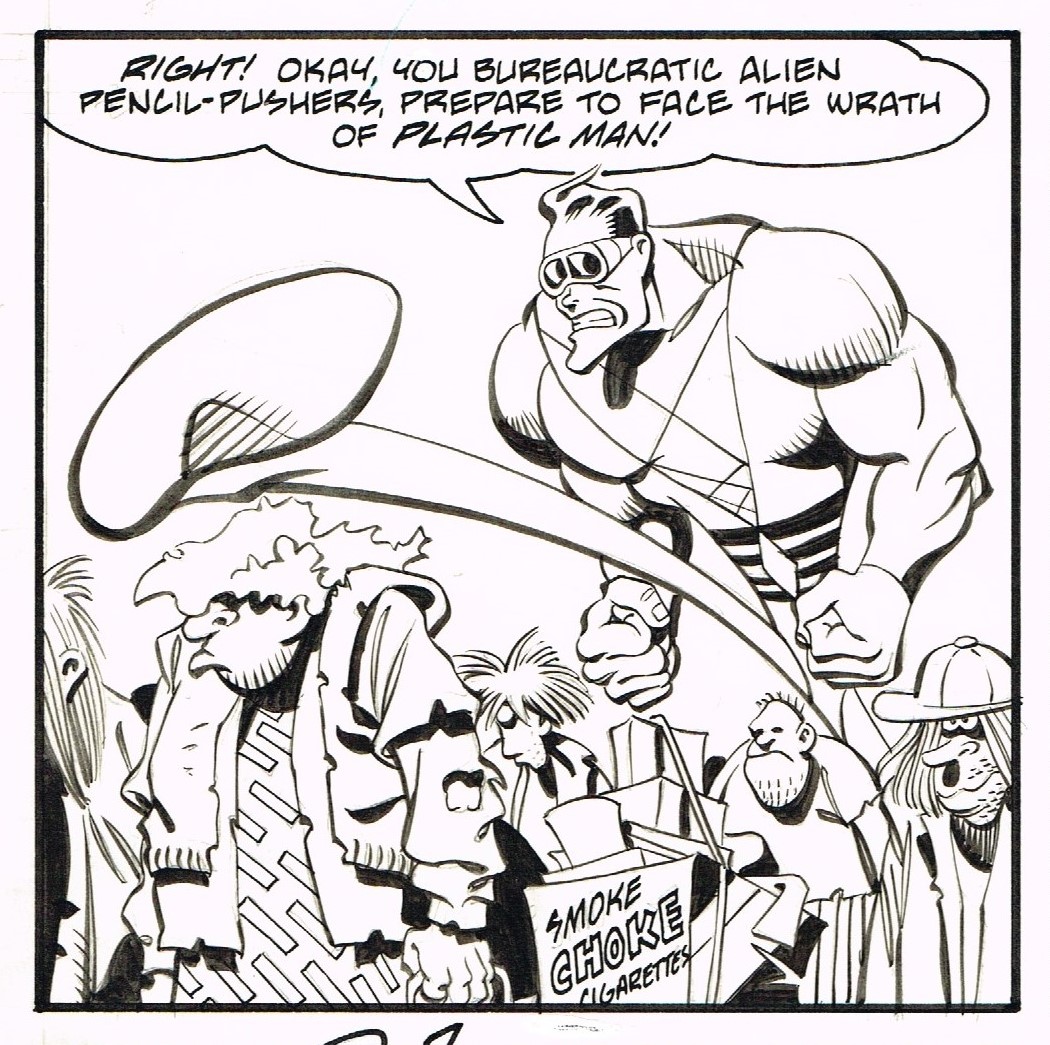 Random screwy panels I have drawn.
From the Plastic Man series I did with Phil Foglio and Doug Rice, with inks by John Nyberg and lettering by Willie Schubert.   #randompanelsihavedrawn #screwytuesday #cartooning #brushinking #inking #comicbooks #plasticman