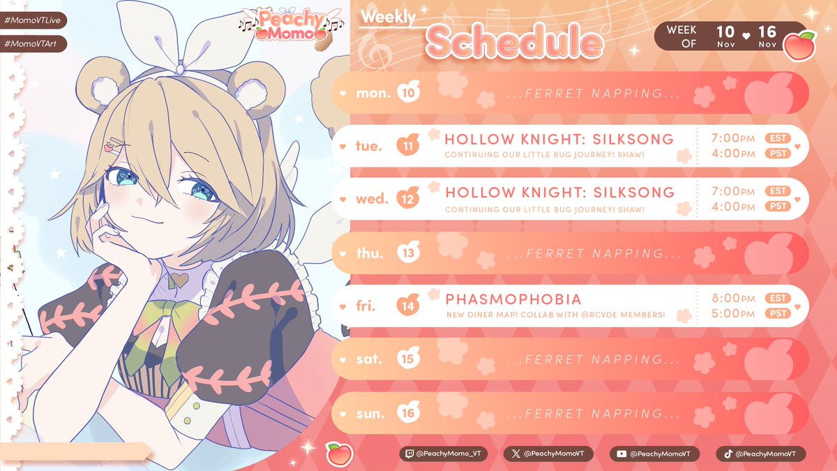 ✧ 𝕊𝕥𝕣𝕖𝕒𝕞 𝕊𝕔𝕙𝕖𝕕𝕦𝕝𝕖 ✧    

Who says I'm a day late to posting this week's schedule?
Definitely did not get sidetracked on Twitter yesterday watching Hazbin Hotel clips and scrolled through fanart instead of posting....pfffft..naaah

  ➪ twitch.tv/peachymomo_vt