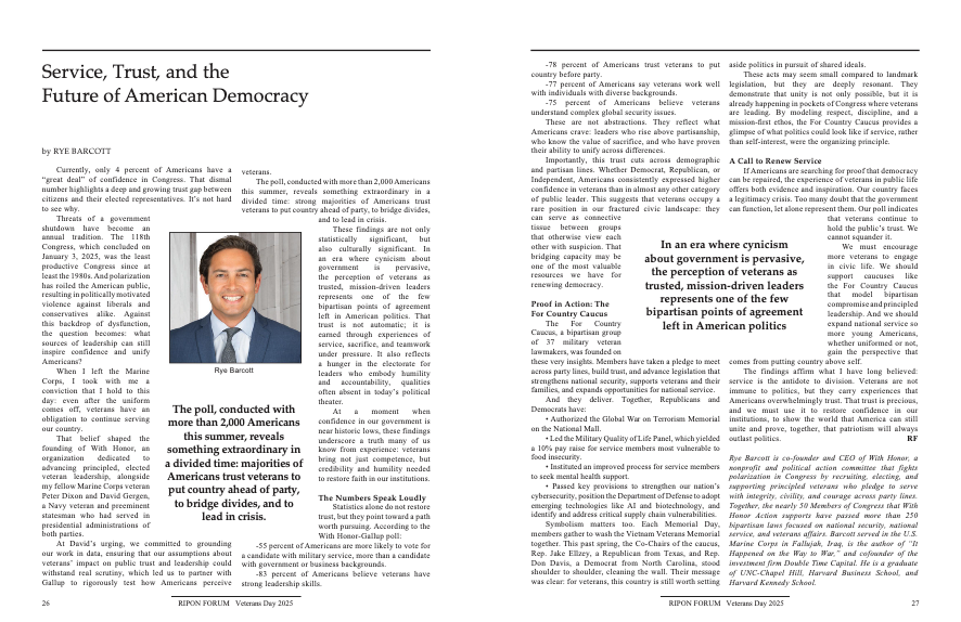 With Honor Co-Founder &amp; CEO <a href="/ryebarcott/">Rye Barcott</a> writes for the <a href="/RiponSociety/">The Ripon Society</a> on veteran leadership and the future of American democracy, joining <a href="/iamwesmoore/">Wes Moore</a>, <a href="/SenToddYoung/">Senator Todd Young</a>, and <a href="/BipartisanVets/">For Country Caucus</a> members <a href="/RepTomBarrett/">Congressman Tom Barrett</a>, <a href="/RepGilCisneros/">Rep. Gil Cisneros</a>, <a href="/repgabeevans/">Congressman Gabe Evans</a>, <a href="/RepGoodlander/">Congresswoman Maggie Goodlander</a>, and <a href="/RepPatHarrigan/">Congressman Pat Harrigan</a>