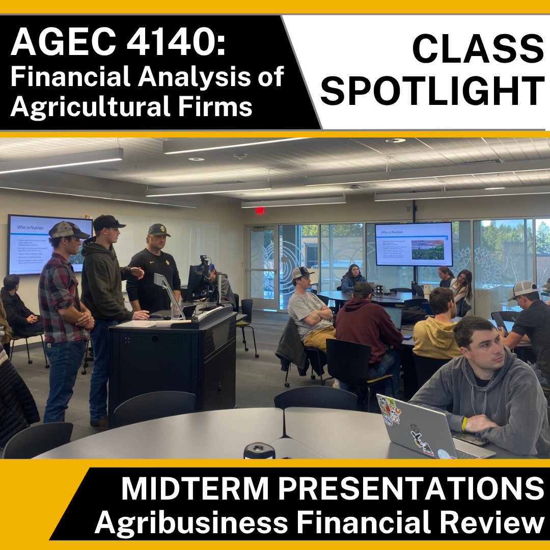 AGEC 4140, Financial Analysis of Agricultural Firms, wrapped up their midterm projects last week. For their projects, their groups were assigned an agribusiness to research the financial history of. Great work to all who presented!
#uidahocommodity #financialanalysis #uicals