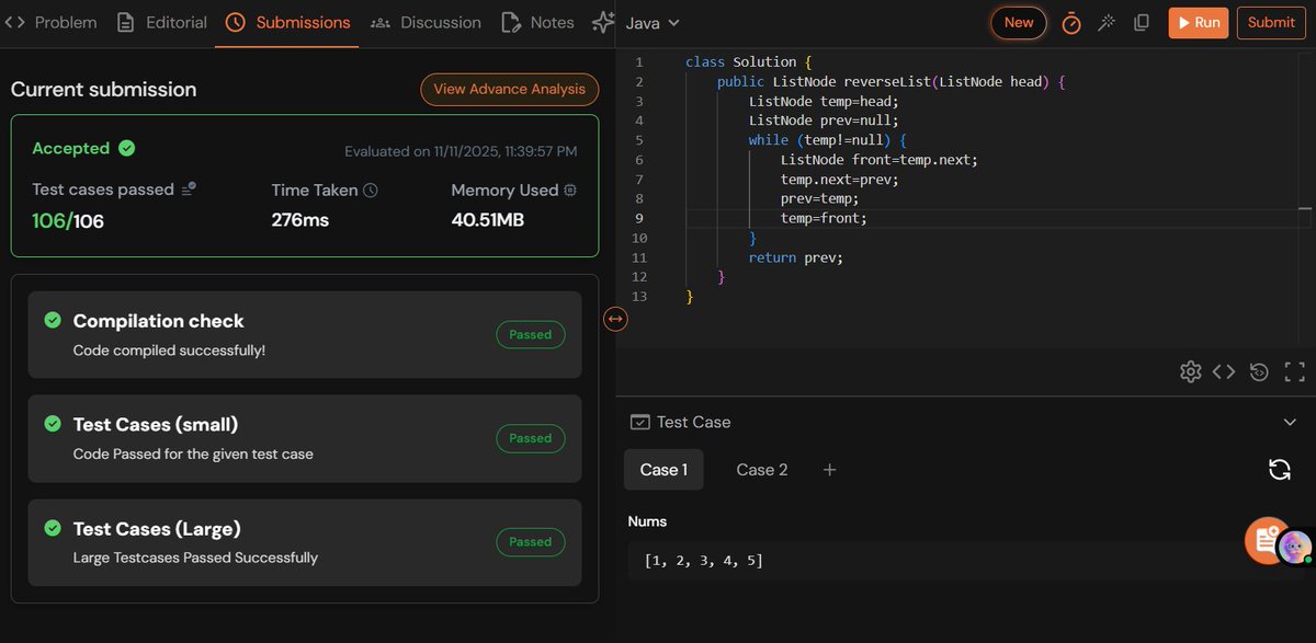 rajeshboya89's tweet image. Day 30 – #TUFWinterArc ❄️

Solved Reverse a Linked List today
📷Great practice for pointer manipulation!   

#TUF #DSA #Coding