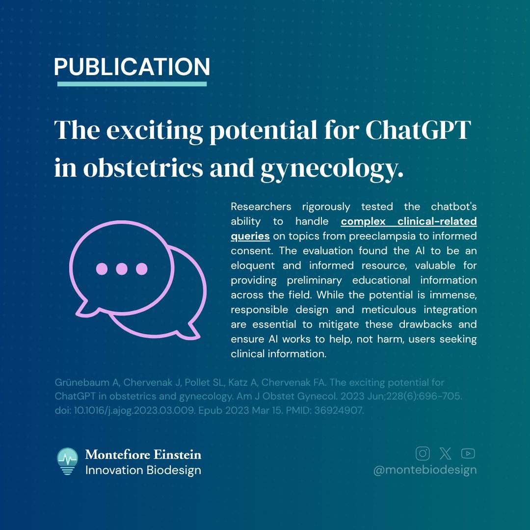montebiodesign's tweet photo. ChatGPT in OB-GYN shows potential for preliminary info, but innovators must address key design limits: data currency and source accountability. Responsible AI design is the next frontier. #MedTech #BioDesign #AIinHealth

https://t.co/GnJoZLVDT8

@EinsteinMed @MontefioreNYC https://t.co/xiGJnLi3hn