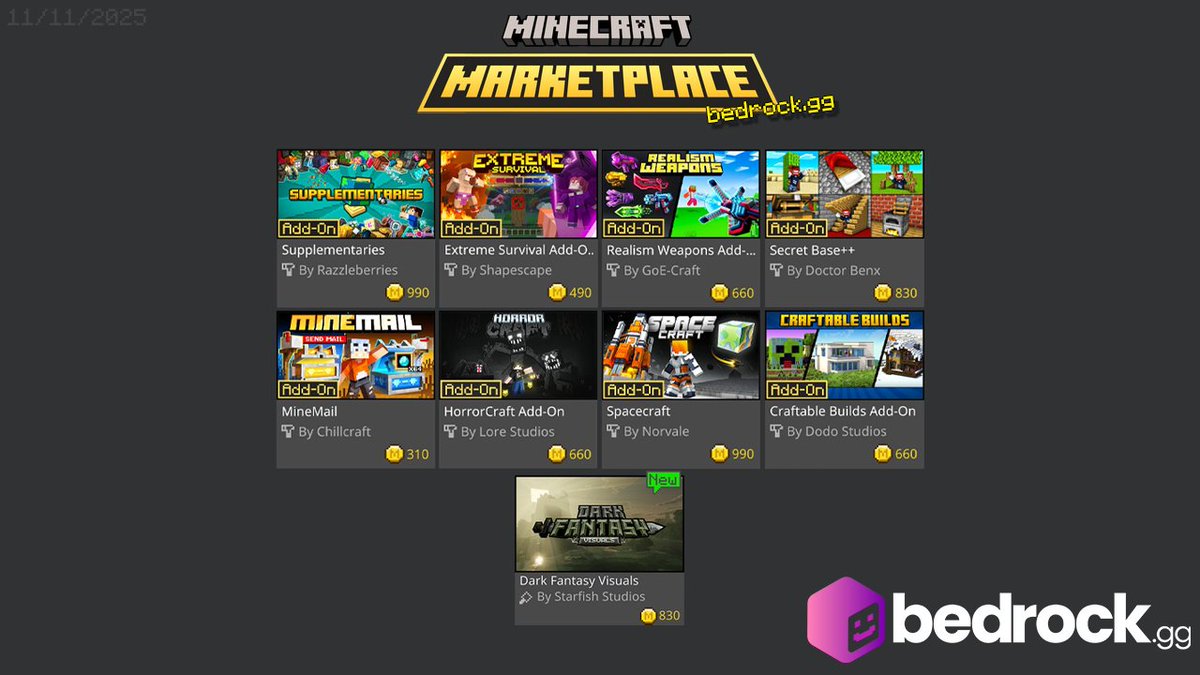 Looks like we have 8 brand new addons released on the <a href="/MinecraftMarket/">Minecraft Marketplace</a> this week! 

We also have the launch of <a href="/StarfishStudios/">Starfish Studios</a> Dark Fantasy Vibrant Visuals enhanced packs

Early Reviews:
Dark Fantasy - youtu.be/TbMSw2WMLxE
supplementaires Port - youtu.be/K7YbHdtwV88