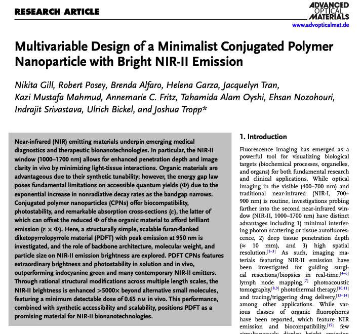 TroppJoshua's tweet photo. New from the Tropp Lab in Advanced Optical Materials! 

Minimalist conjugated polymer nanoparticles with record NIR-II brightness (>5000× ICG) — from the Schlenk line to mice.

Great work by Nikita Gill & Rob Posey 👏

https://t.co/pQjFcTIO8E