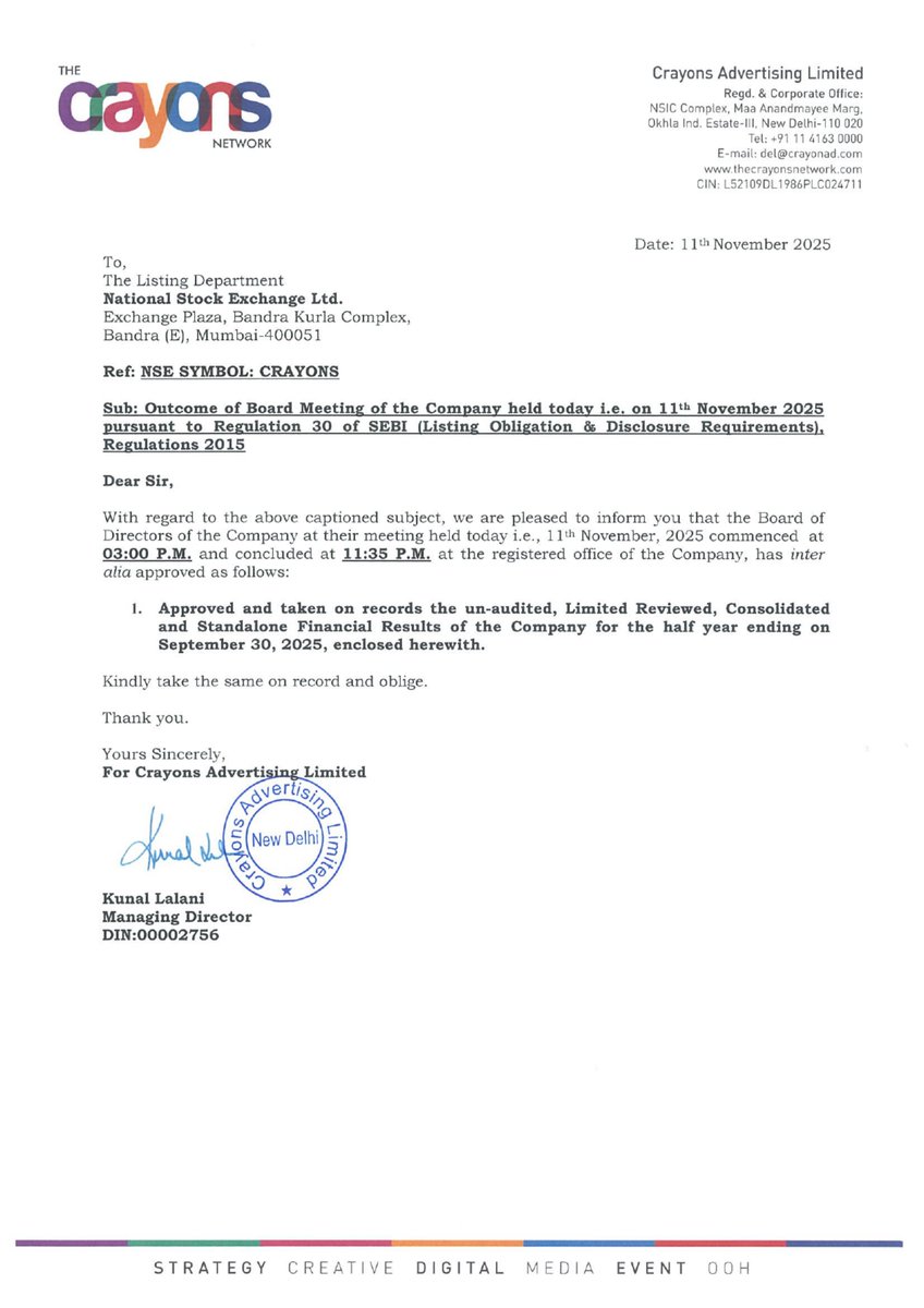 nileshkurhade's tweet image. 📌 Crayons Advertising Limited informed the exchange about its approval for the financial results for the period ended September 30, 2025. #SME #CRAYONS 📄🧾