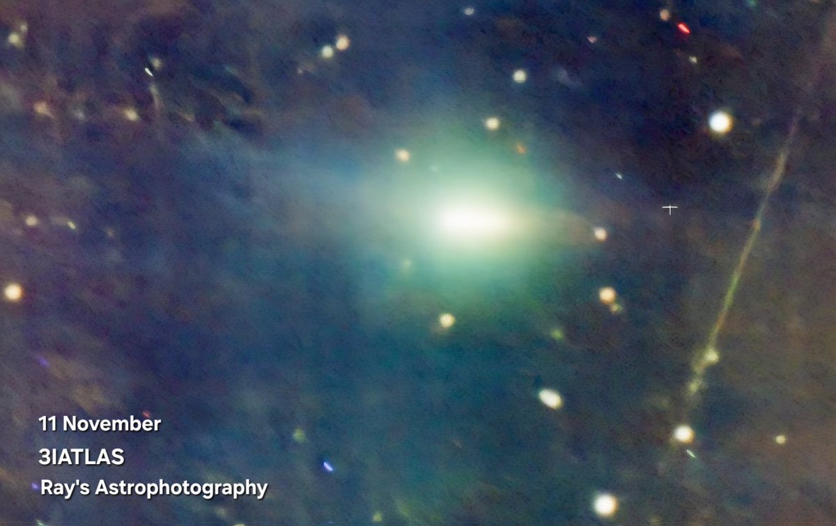 surajit_ghosh2's tweet photo. The most detailed and clearest photo of #3IATLAS yet was taken today, November 11 by Ray’s Astrophotography, showing a bright green light with no tail https://t.co/EOY8XEOVvB