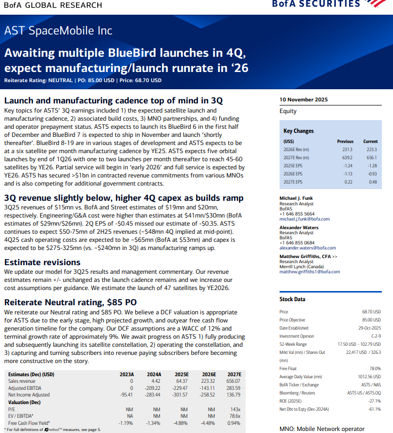 $ASTS: Bank of America research reiterates $85 PT and Neutral Rating