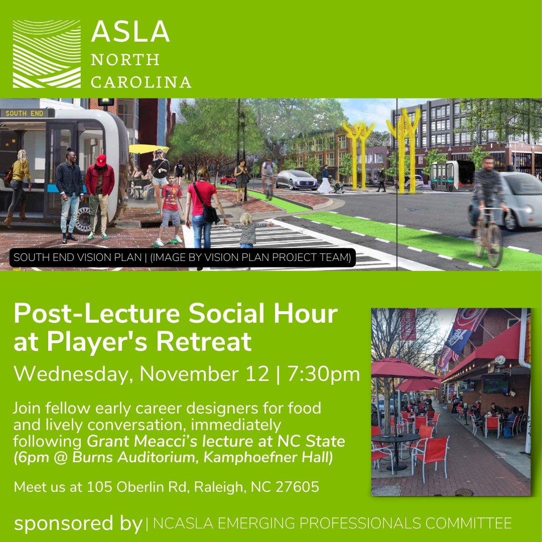 Attending Grant Meacci's Lecture tomorrow? Make sure to join us afterwards at Player's Retreat for a fun social hour!

Have a snack, a drink, and meet fellow NCASLA members for a great night of connecting. We can't wait to see you there!