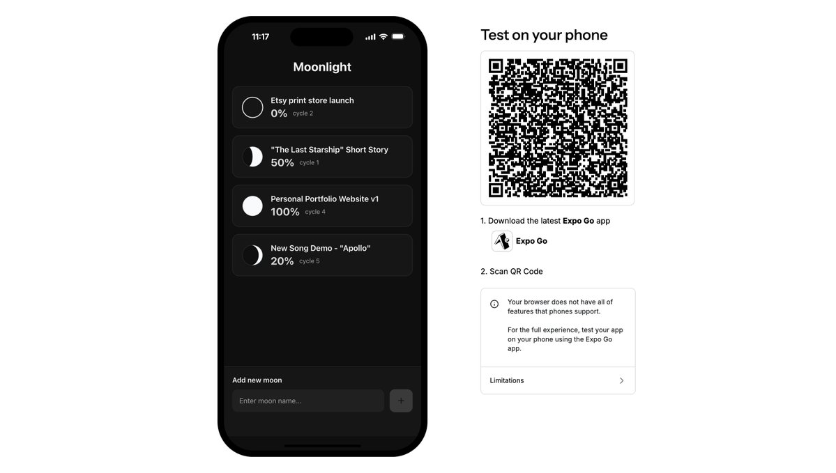 kiiradesign's tweet image. Just made a cute app called Moonlight for @contra hackathon made with @anything 

Moonlight is a progress tracker for creative projects. It syncs your project’s progress with the phases of the moon going from 🌑🌒🌓🌔 🌕

#anythingchallenge