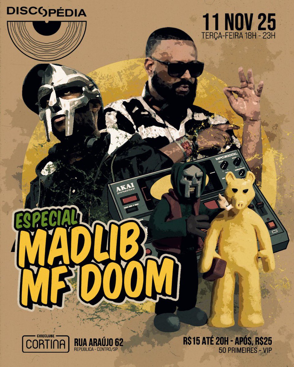 _Discopedia's tweet image. A sensacional de São Paulo, orgulhosamente apresenta, o especial "Madlib &amp;amp; MF Doom"!

Daqui a pouco, a partir das 18h no Cineclube Cortina.

DJs DanDan, Marco &amp;amp; Nyack no comando da nave.
Abertura, DJ Lino.