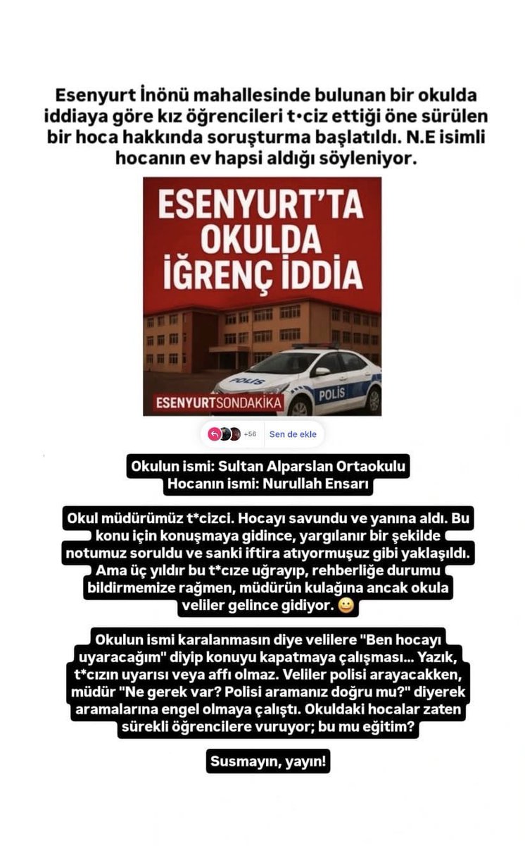 Esenyurt Sultan Alparslan ortaokulunda 3 senedir tacizden şikayet edilen hoca hakkında bir şey yapılmayıp olayın üstü örtülüyormuş. hakkında yeni soruşturma açılmış kız çocukları destek bekliyor.